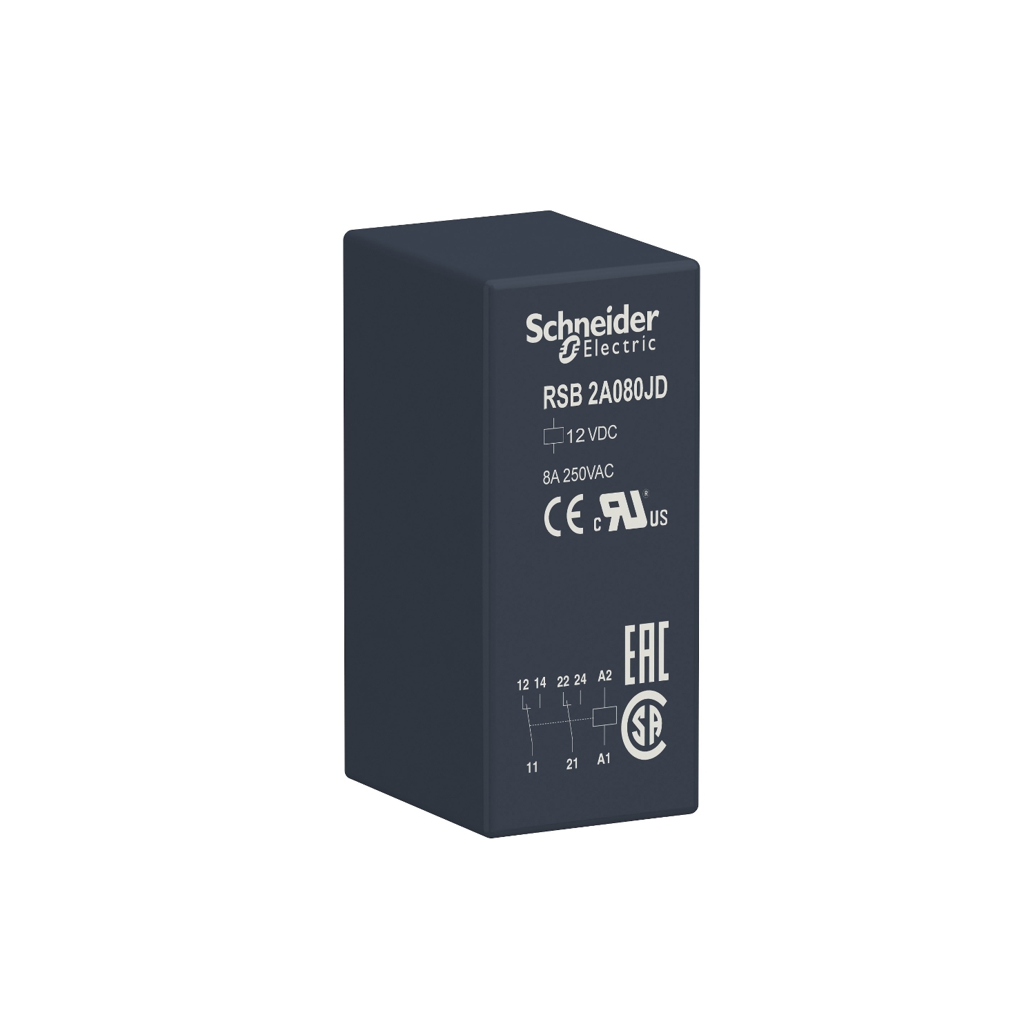 Un relè nero marca Schneider Electric modello RSB2A080JD. Tensione: 12 VDC, corrente: 8A a 250VAC.