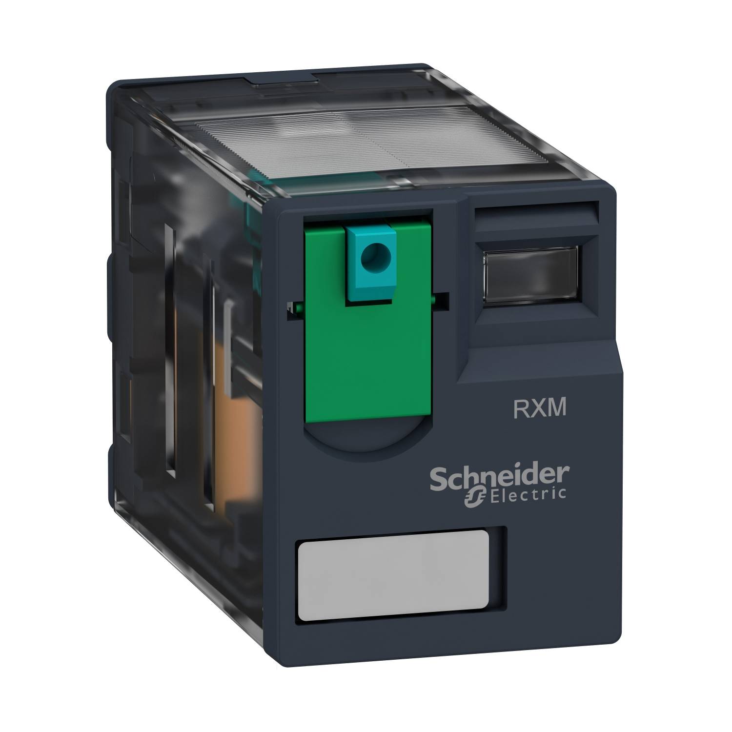 Un relè elettrico quadrato di Schneider Electric con interruttore verde, numero di modello RXM, su un alloggiamento grigio.