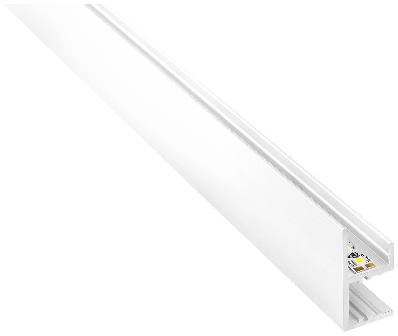 Un profilo in alluminio bianco per LED con una forma allungata e stretta. Viene utilizzato per l'installazione di strisce LED in mobili o architettura.