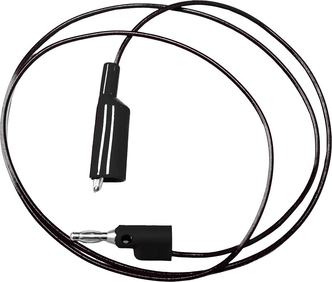 Un singolo cavo USB nero con un'estremità in primo piano.