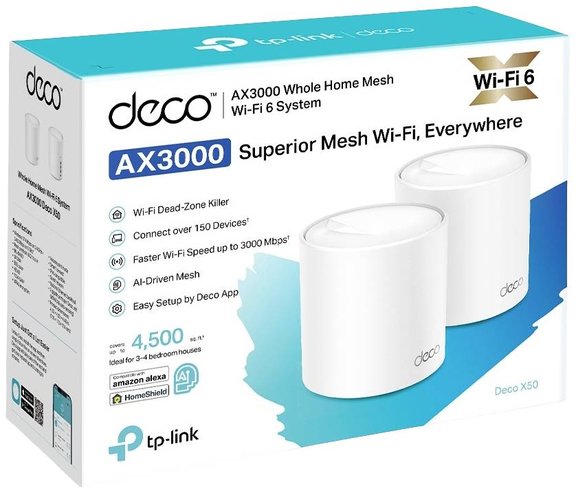 Confezione di un sistema mesh Wi-Fi 6 'Deco AX3000' di tp-link. Enfatizza alte velocità, funzionalità di eliminazione delle zone morte e configurazione semplice per fino a 150 dispositivi.