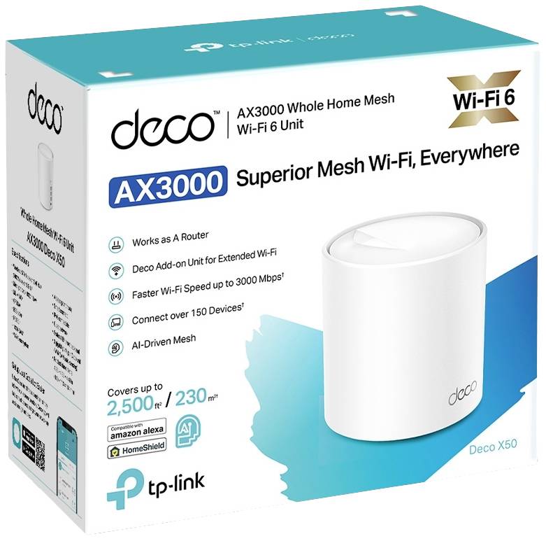 Confezione di un sistema mesh Wi-Fi TP-Link; Modello Deco AX3000, Wi-Fi 6, copertura fino a 230 m², connessione di oltre 150 dispositivi.