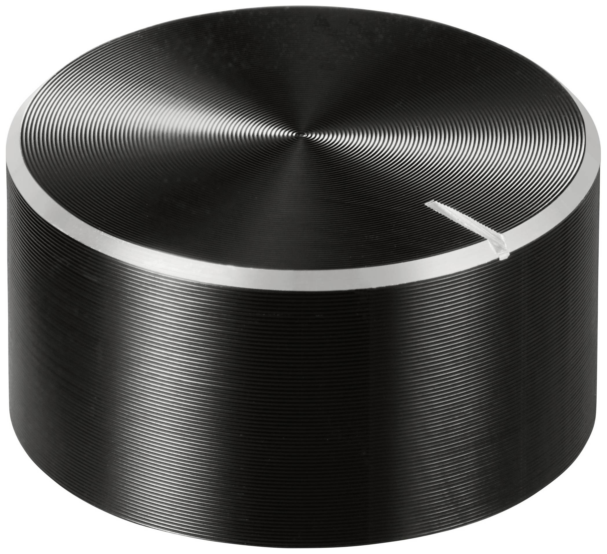 Un regolatore del volume rotondo, nero e argentato con sottili scanalature e un piccolo indicatore bianco sulla parte superiore.