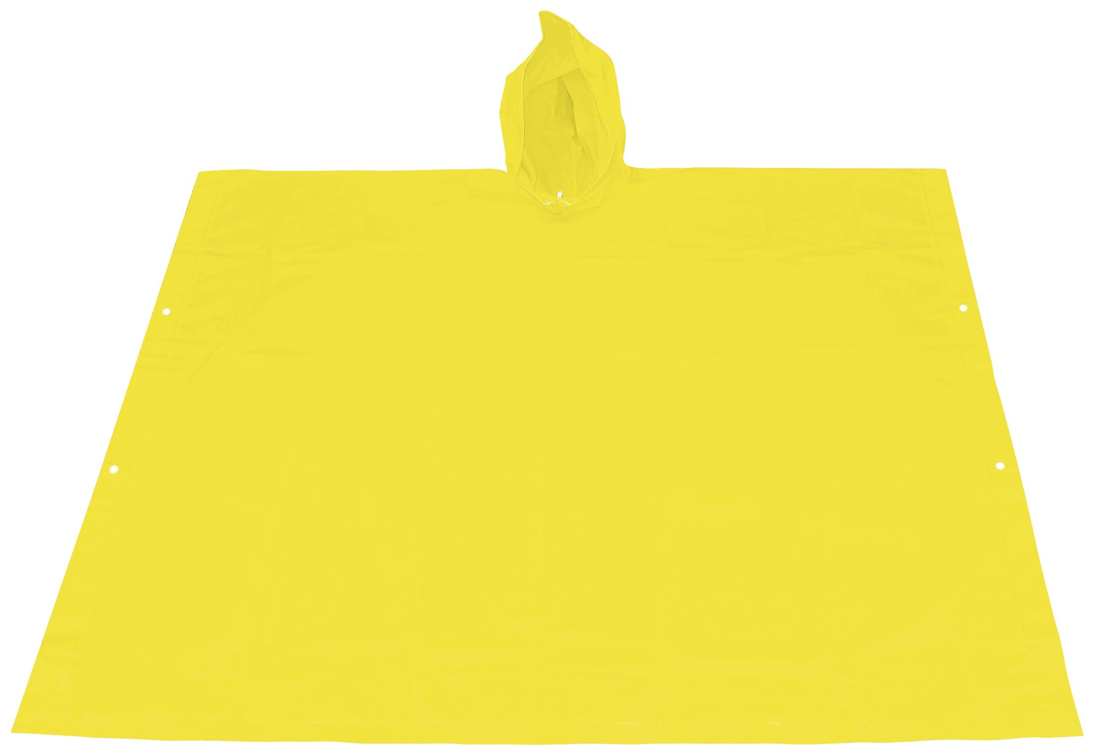 Un impermeabile giallo in plastica è steso piatto, con il cappuccio che sporge verticalmente al centro.