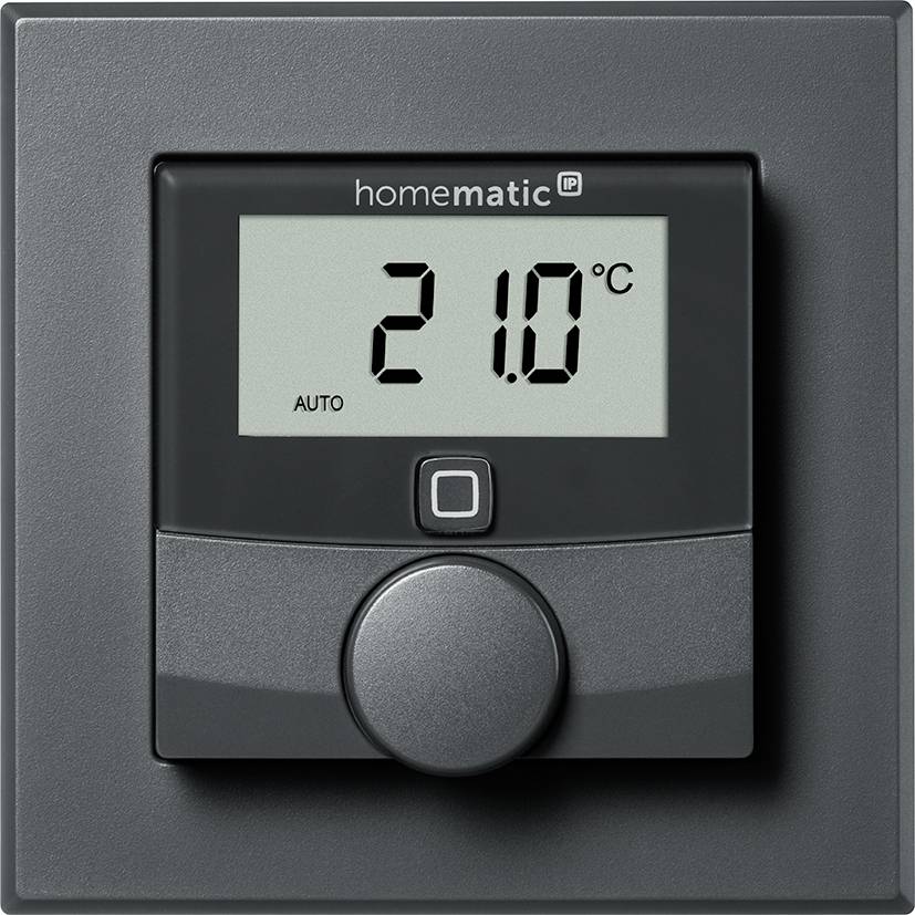 Termostato con display che mostra '21,0°C'. Impostazione su automatico. Manopola rotonda sotto, in una cornice di plastica scura.