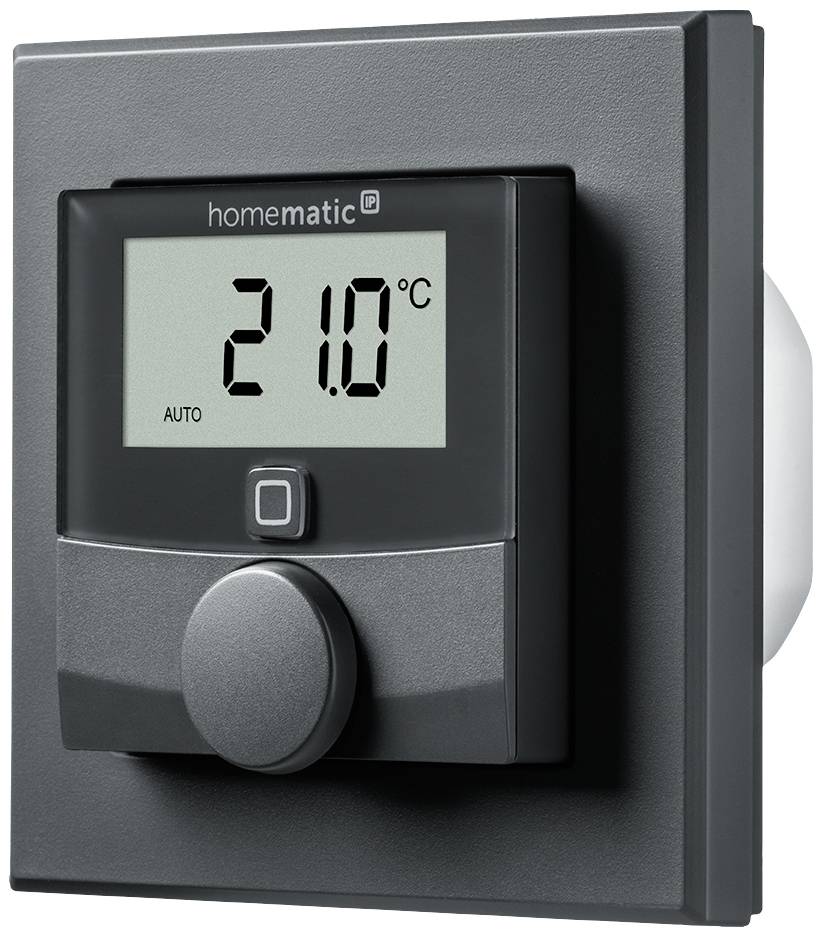 Termostato digitale per ambiente con display che mostra '21,0°C'. Involucro in colore scuro, manopola di regolazione in basso, nome del marchio in alto.