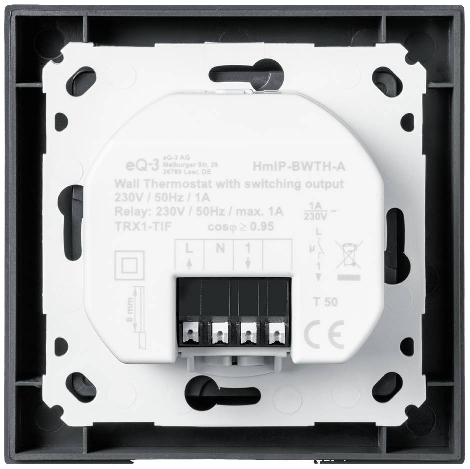 Un termostato da parete con uscita di commutazione, idoneo per 230V/50Hz, 1A. Mostra i morsetti di connessione L, N e 1, con uscita massima di 1A.