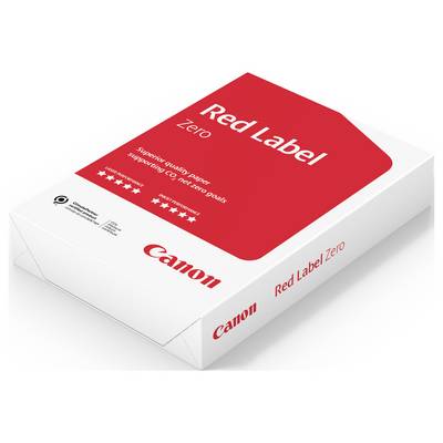 Scatola di risma di carta Canon 'Red Label Zero', confezionamento bianco e rosso con dichiarazioni di carta riciclata e neutralità carbonica sulla copertina.
