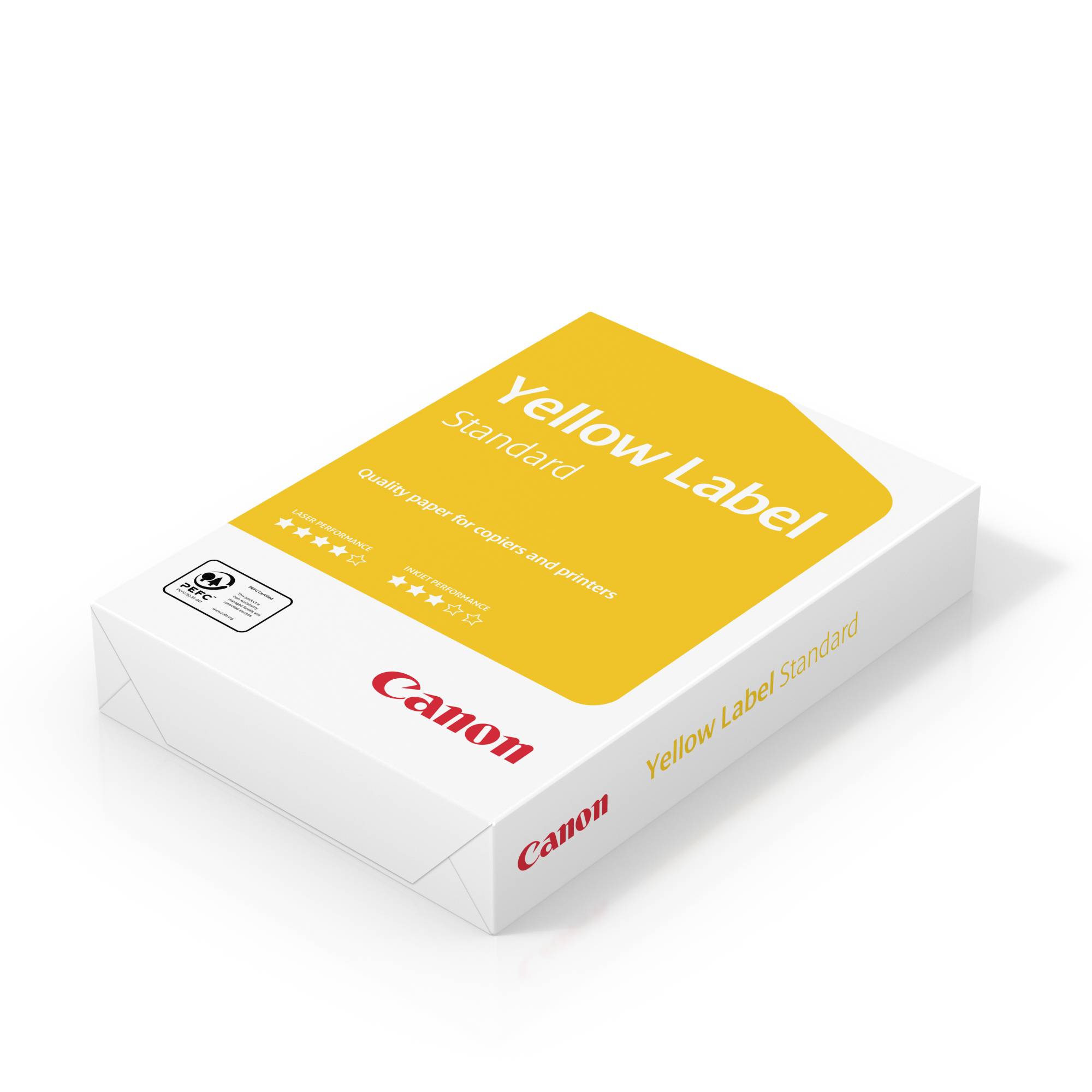Carta per stampanti Canon Confezione con etichetta gialla. Testo: 'Yellow Label Standard, Carta di qualità per fotocopiatrici e stampanti.'