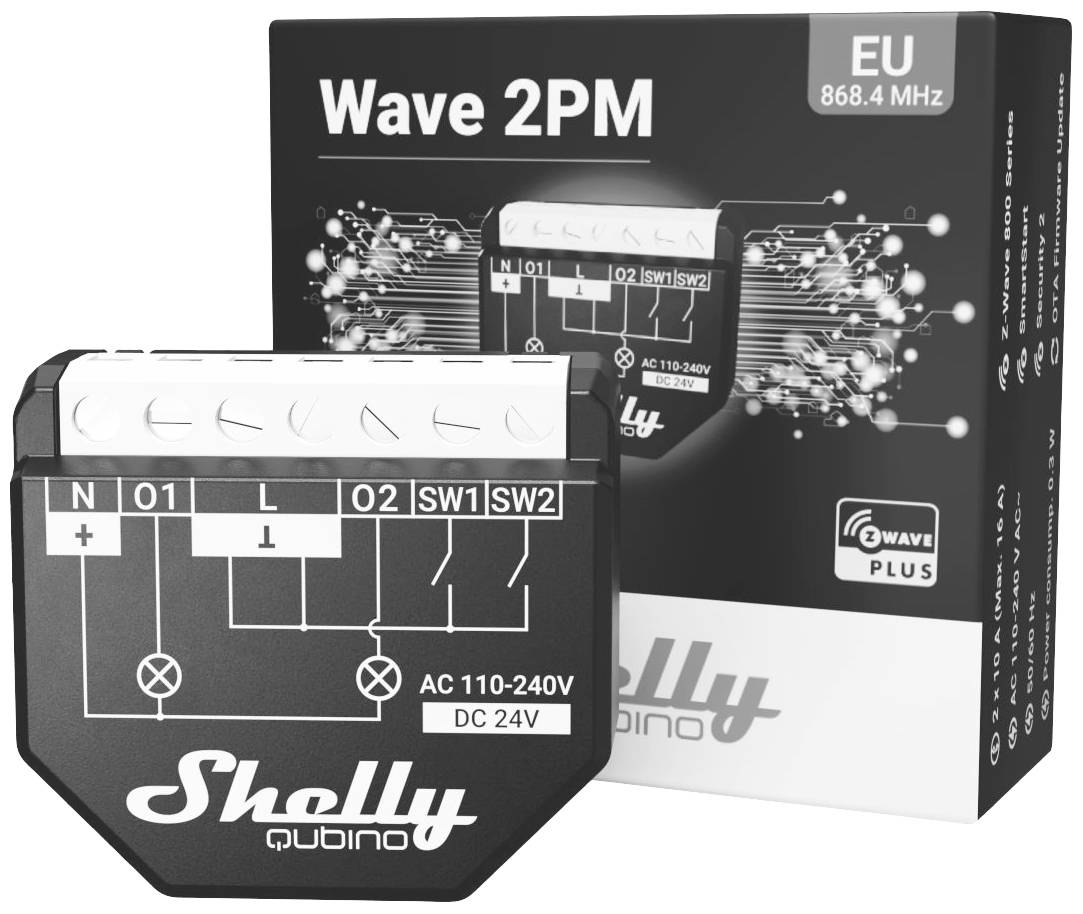 Modulo elettrico 'Shelly Wave 2PM', che mostra i connettori per L, N, O1, O2, SW1, SW2, con confezione sullo sfondo, EU 868,4 MHz.
