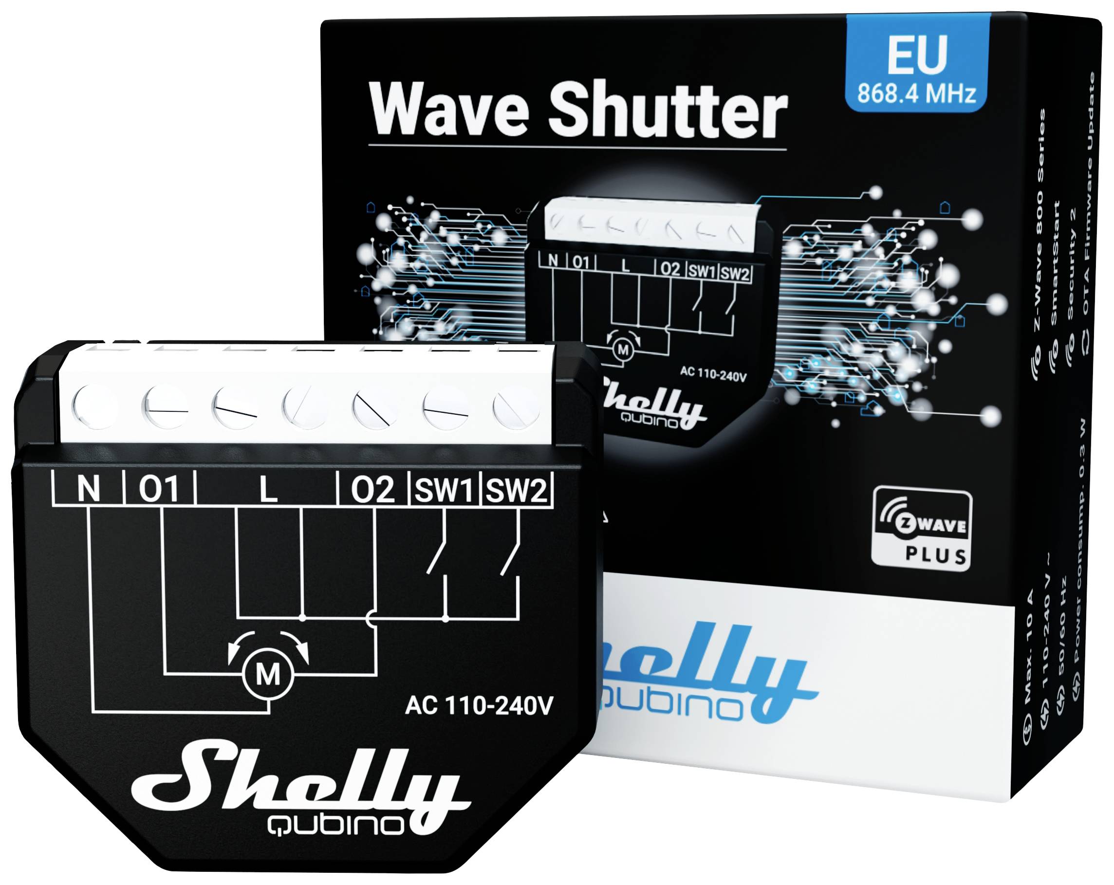 Un dispositivo nero Shelly Qubino Wave Shutter con un diagramma di collegamento è visibile davanti alla sua confezione che mostra dettagli tecnici.