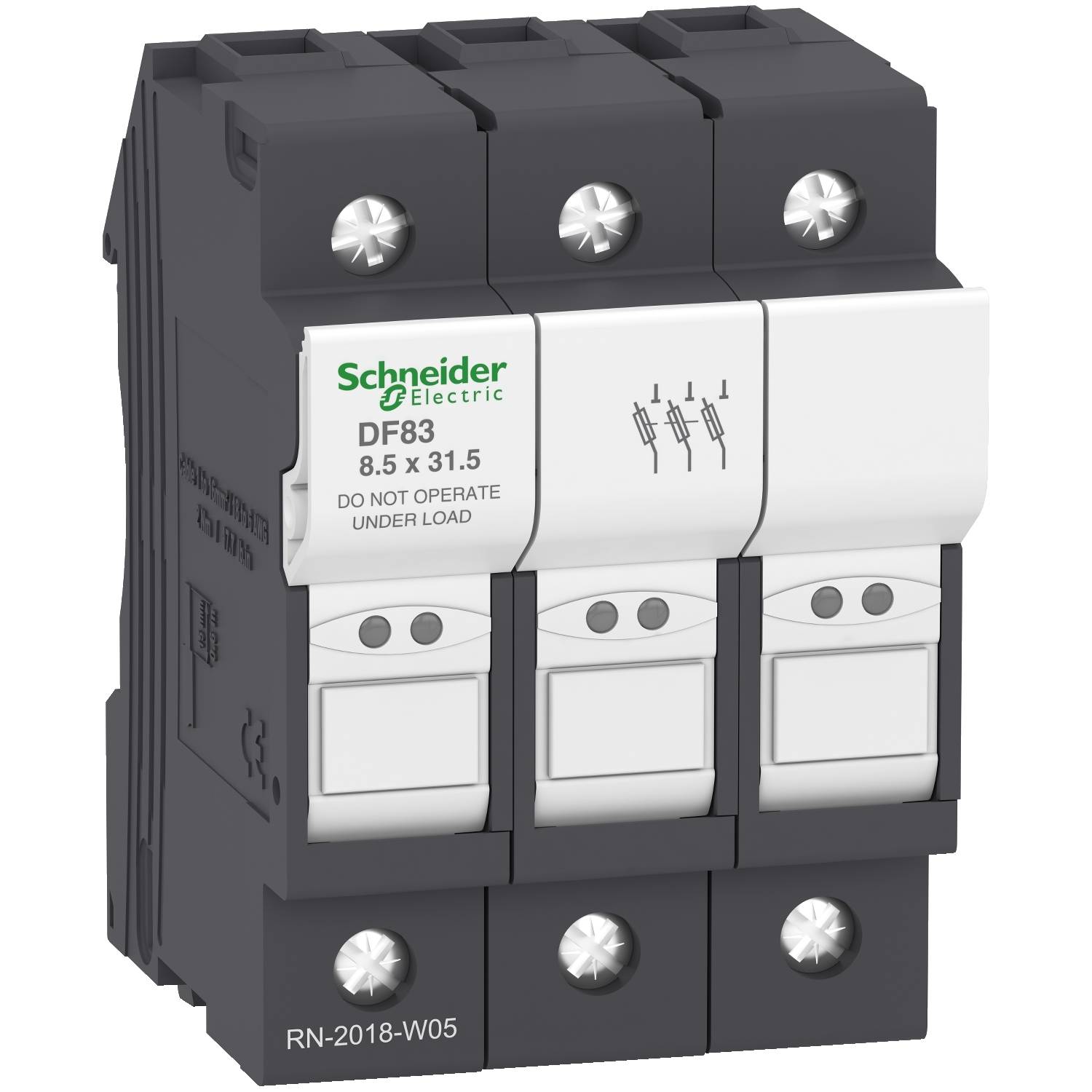 Schneider Electric DF83, 8.5 x 31.5 portafusibili con tre interruttori, non operare sotto carico.