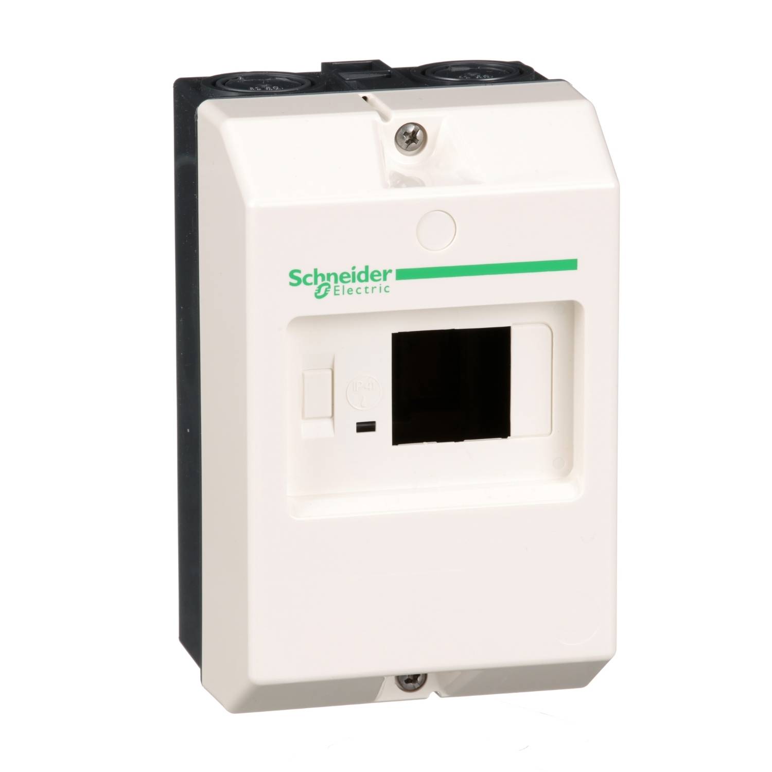 'Contenitore degli interruttori automatici Schneider Electric, bianco, con interruttore nero e logo verde, per la sicurezza elettrica.'