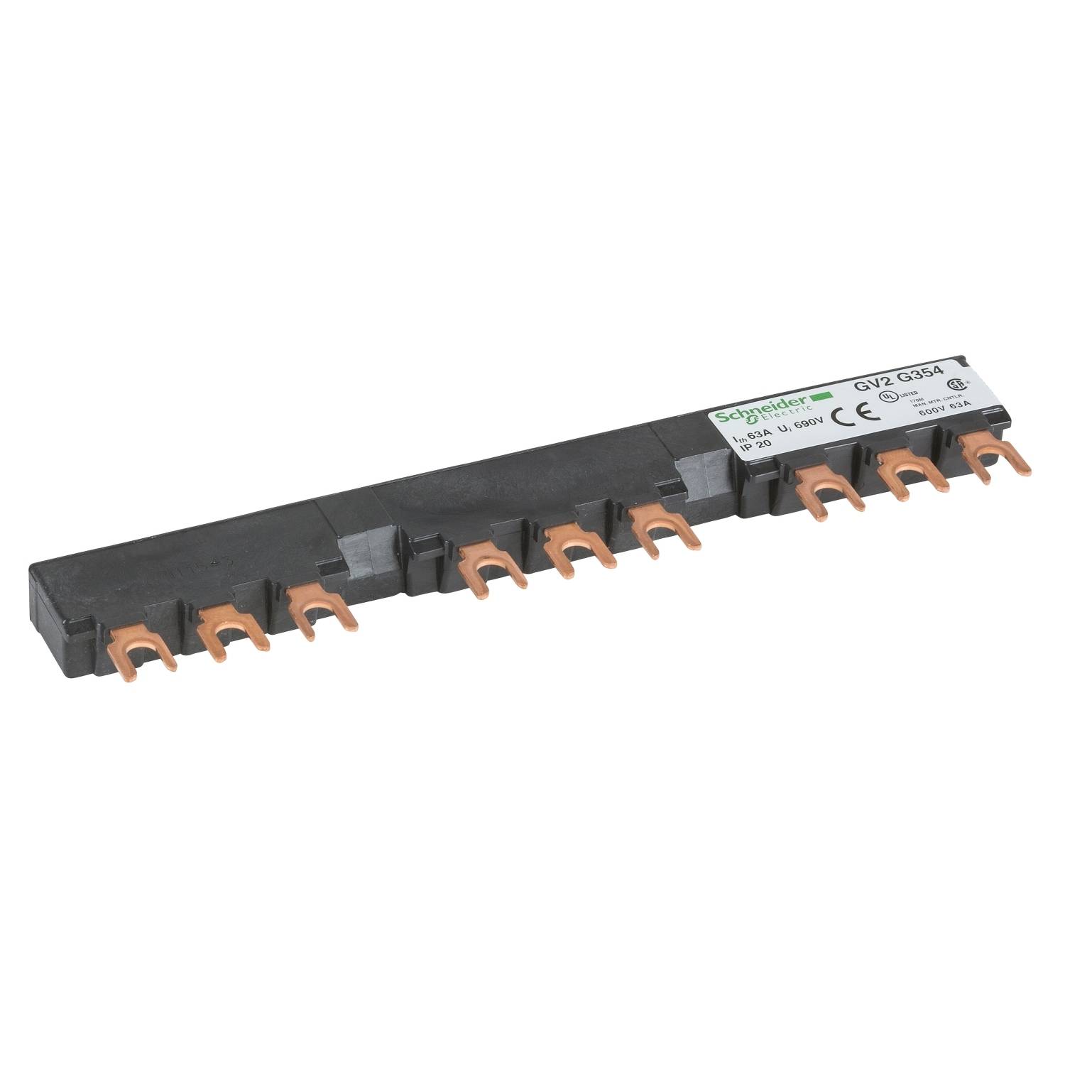 Barra di distribuzione per connessioni di interruttori. Colore marrone, con più attacchi contattati, nome del marchio visibile.