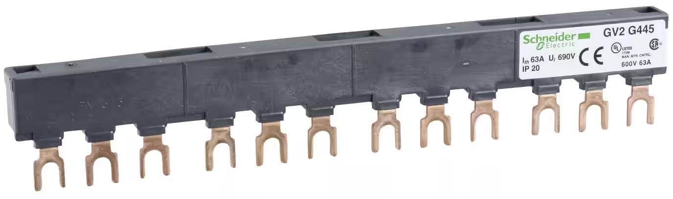 Un adattatore Busbar nero e allungato di Schneider Electric con diversi contatti in rame sul lato inferiore; etichetta con specifiche tecniche.