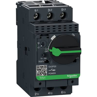 Un interruttore automatico di Schneider Electric, tipo TeSys GV2P20, con posizione verde di accensione/spegnimento. Idoneo per il controllo motore.