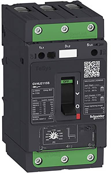 Interruttore con accento verde, parte anteriore nera, che mostra l'interruttore, marcature per parametri elettrici e codice QR.