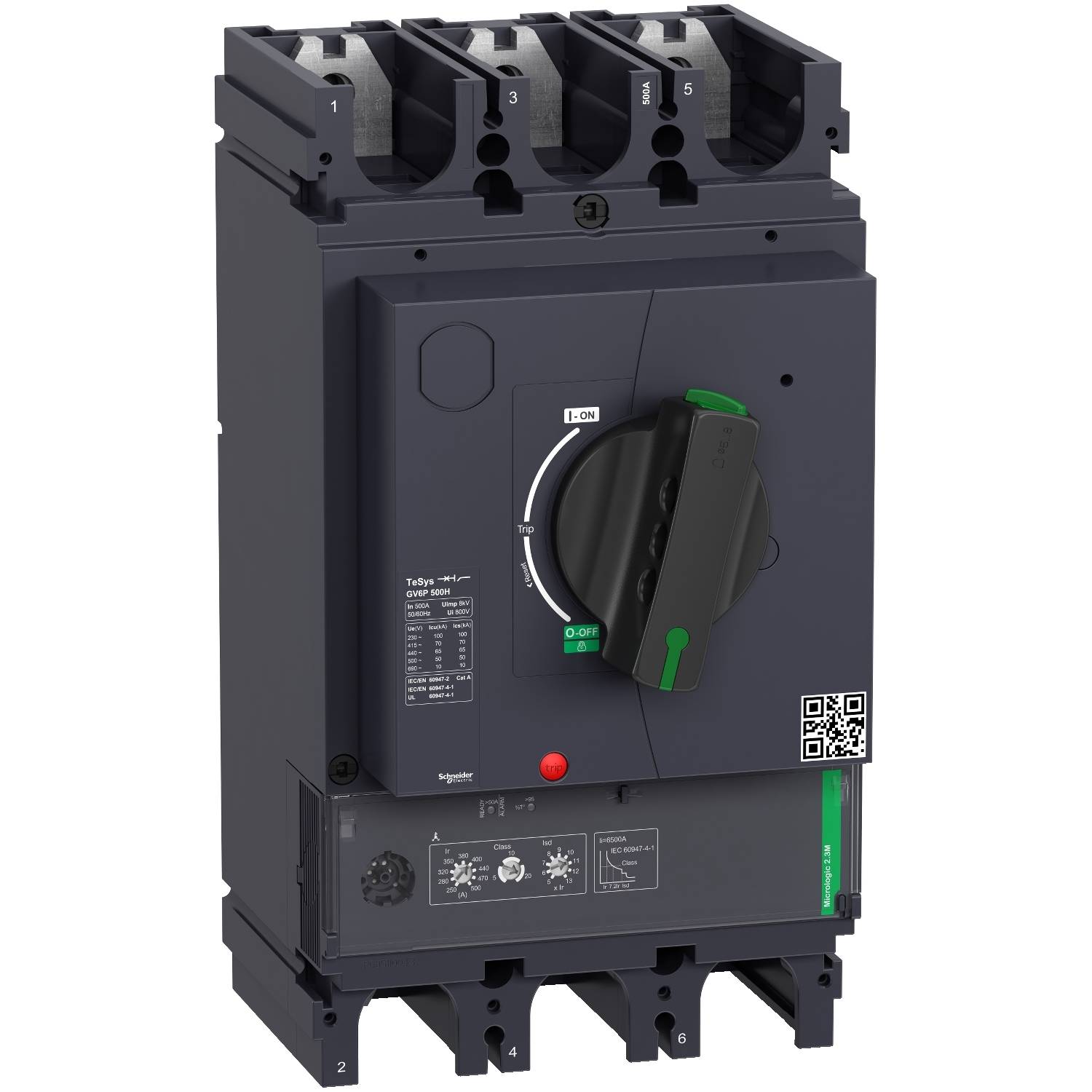 Interruttore nero con impugnatura verde e codice QR, adatto per applicazioni elettriche industriali.