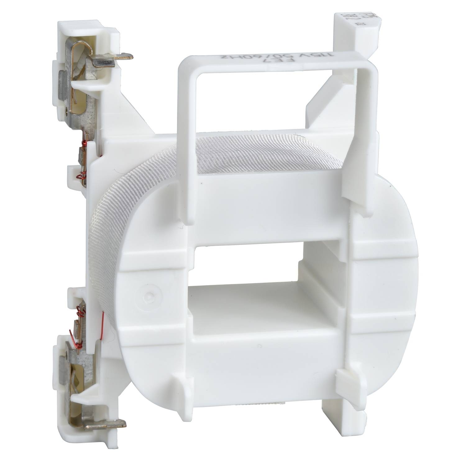 Un inserimento di sicurezza bianco in plastica con contatti metallici sui lati.