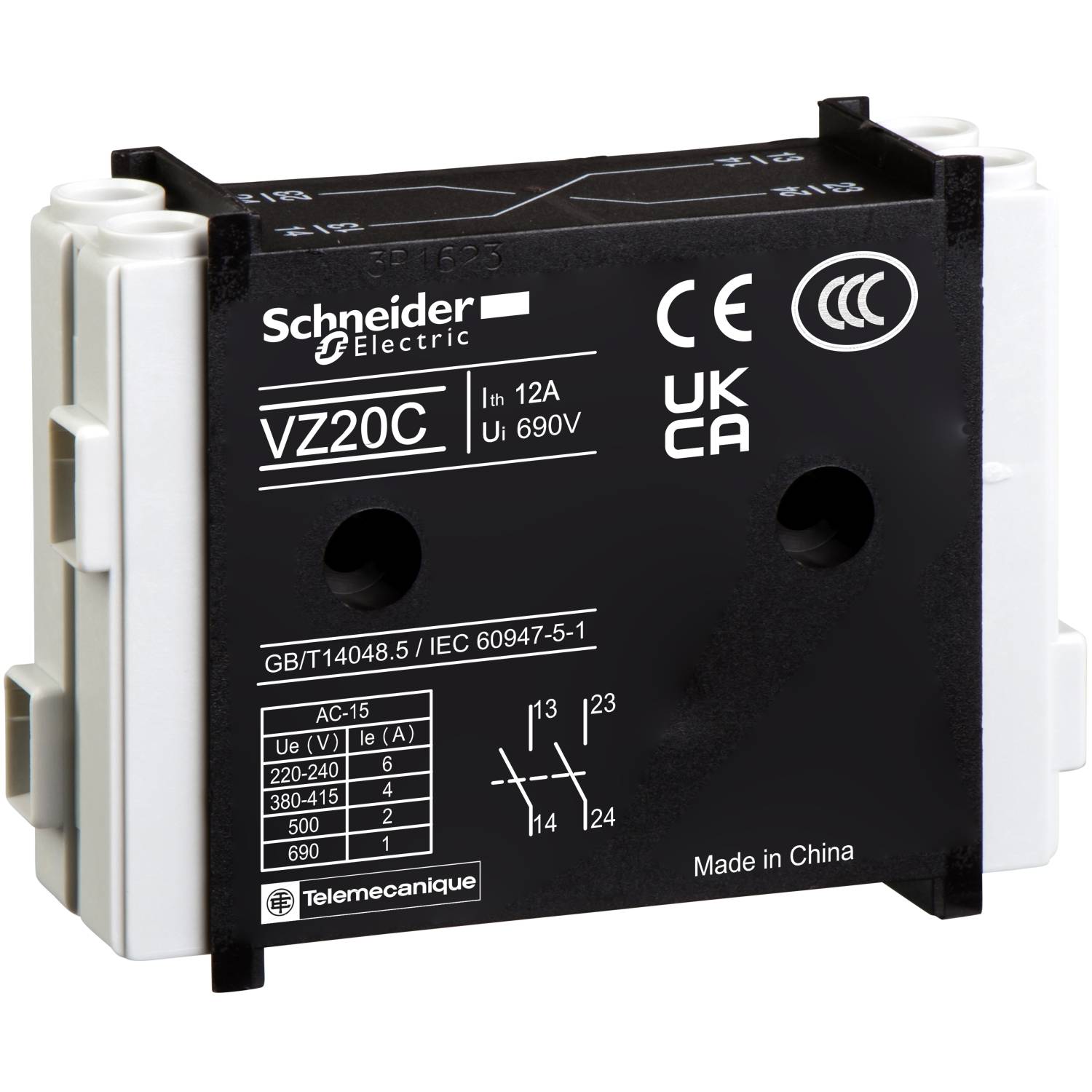 Blocco contattore 'Schneider Electric VZ20C', 12A, 690V, per motori in corrente alternata. Involucro nero con dettagli tecnici e certificazioni.