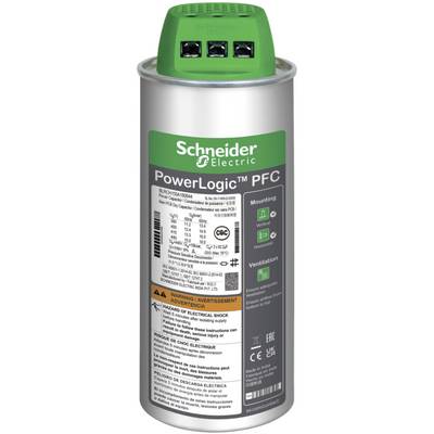 Condensatore di Schneider Electric per la correzione del fattore di potenza, modello 'PowerLogic PFC', con copertura verde e avvertenze.