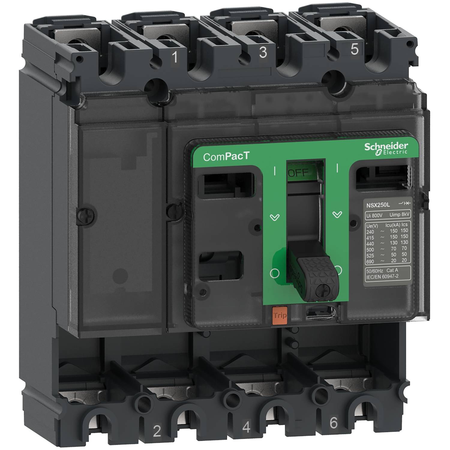 Un interruttore automatico tripolare della marca Schneider Electric, modello 'ComPacT', in design nero e verde con scritta.