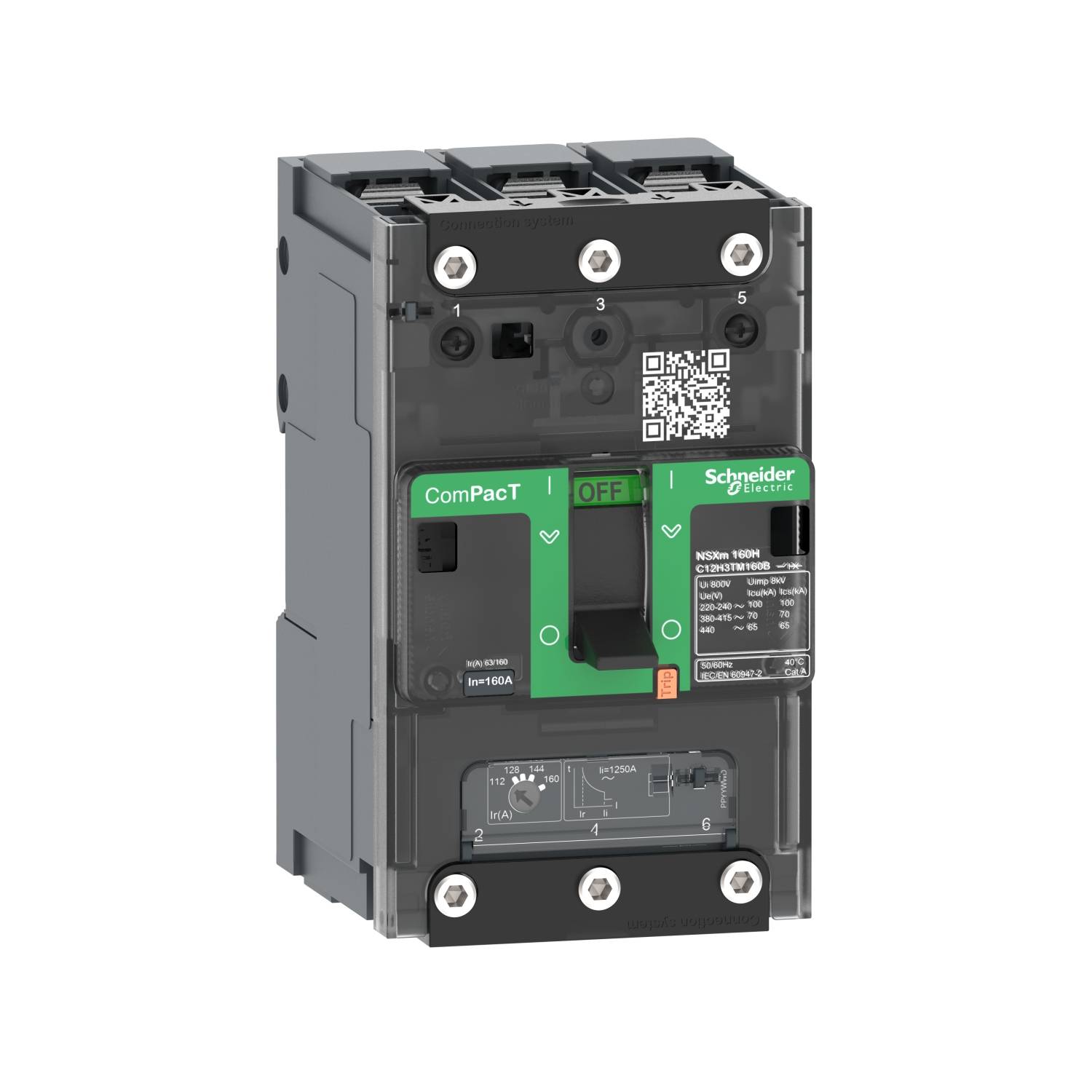 Un interruttore automatico nero con etichetta verde 'ComPacT' e 'Schneider Electric', con stato 'OFF', con un codice QR e dettagli tecnici stampati.