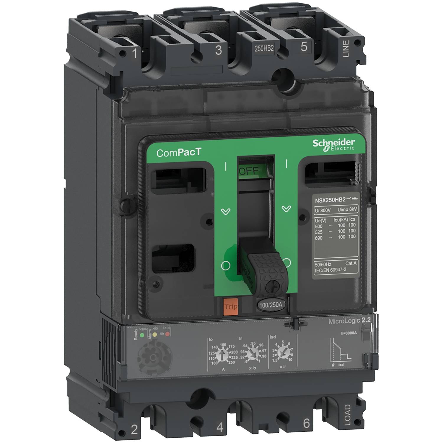 Un interruttore magnetotermico grigio di Schneider Electric con leva verde. Le etichette riportano: ComPacT, 100-250A e dettagli del modello.