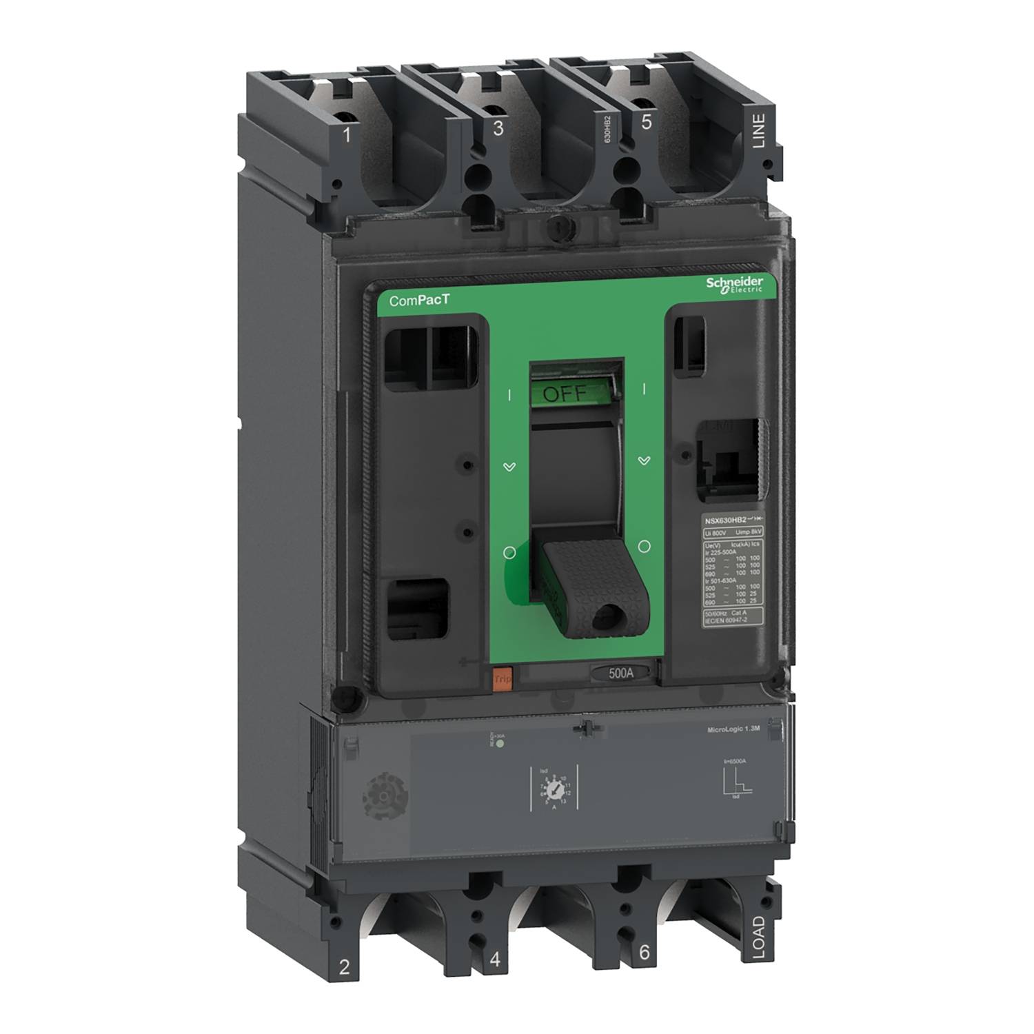 Un interruttore automatico con interruttore verde sul frontale, marchio 'Schneider Electric', specificato per 500A.