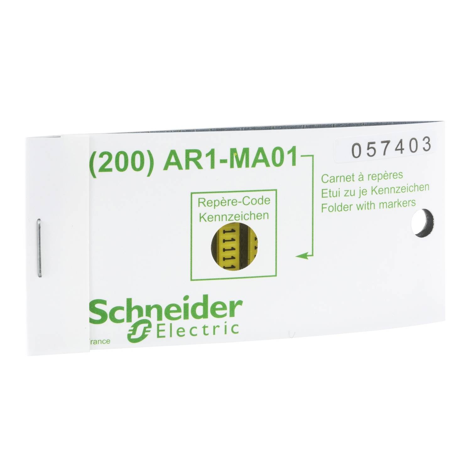Etichetta con la scritta '(200) AR1-MA01' e 'Schneider Electric'. Contiene anche 'Repère-Code Kennzeichen' e il numero '057403'.