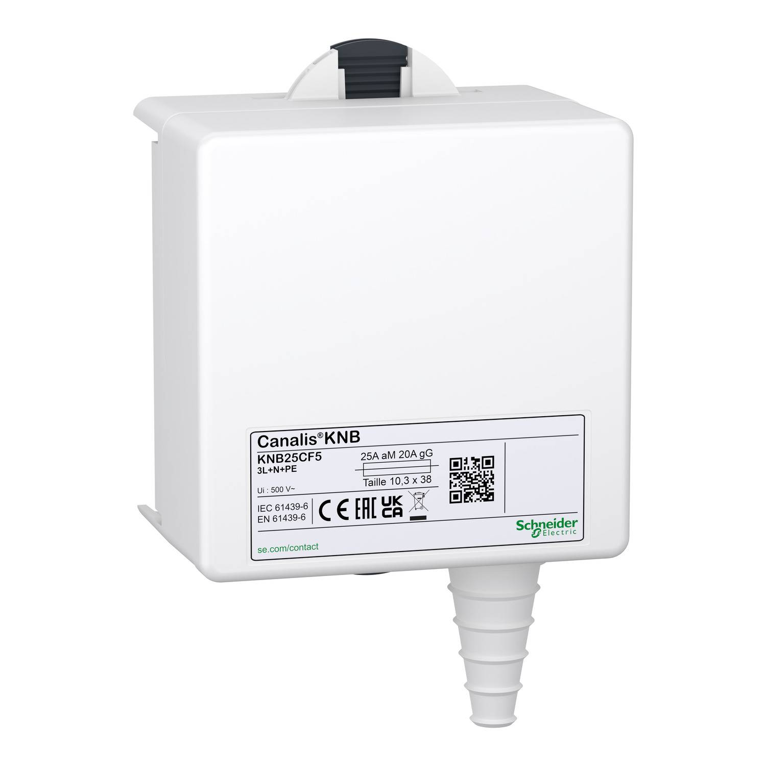 Un involucro elettrico bianco con marcatura 'Canalis KNB'. Presenta contrassegni di sicurezza e un'uscita per cavi sul fondo.