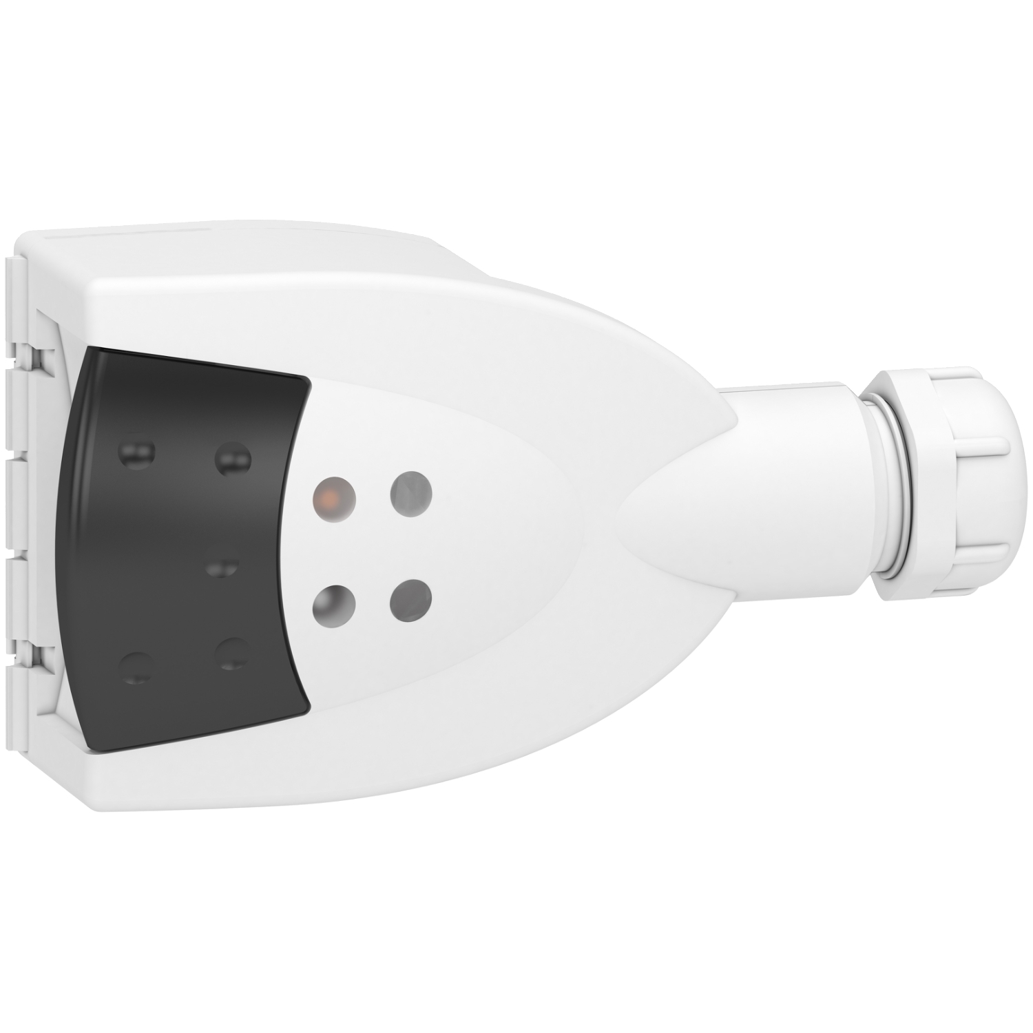 Un adattatore bianco a forma rettangolare con parte anteriore nera e diversi fori, probabilmente adatto per connessioni elettriche modulari.