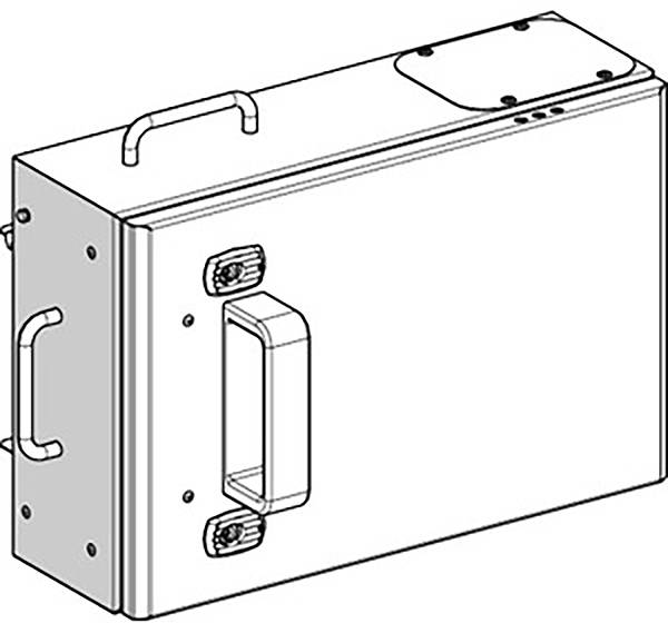 Disegno schematico di una borsa rettangolare con due manici e un coperchio sulla parte superiore.