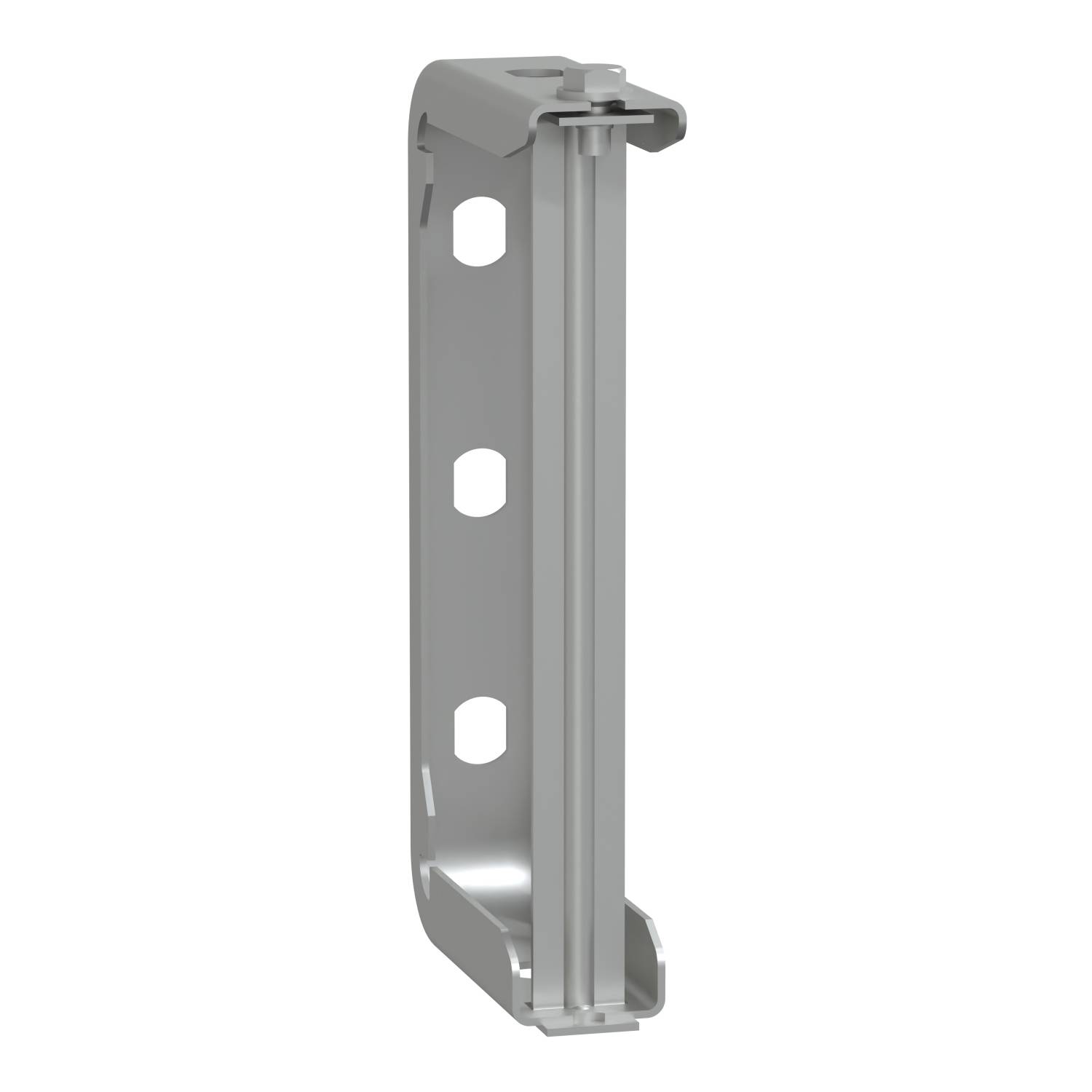 Supporto metallico con fori per il fissaggio. Forma verticale, aperto lateralmente, adatto per il montaggio a parete o applicazioni simili.