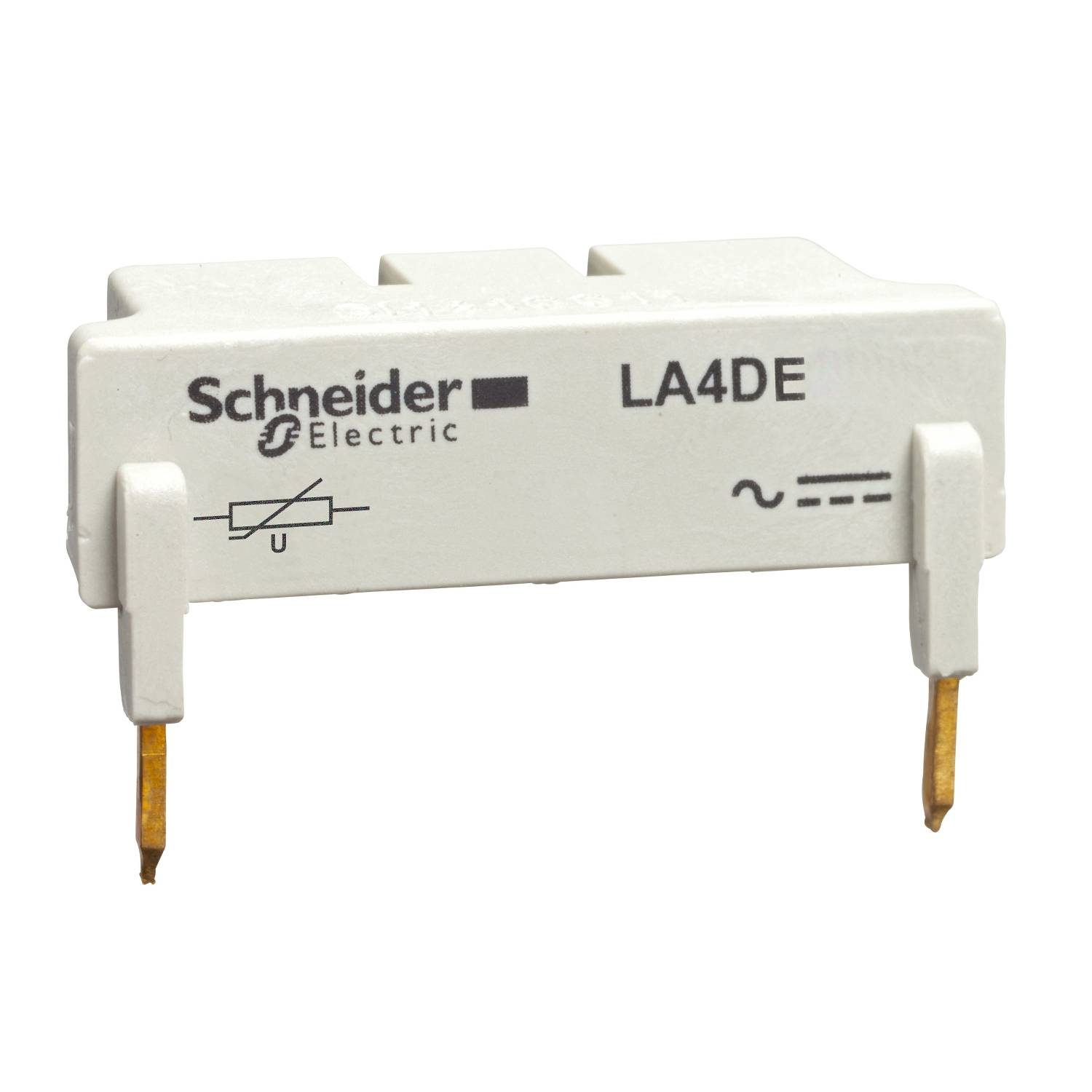 Un relè elettrico bianco di Schneider Electric con due connettori dorati e il testo 'LA4DE', con simboli di corrente e tensione.
