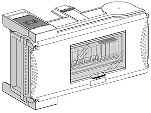 Disegno tecnico di un dispositivo elettronico con componenti e connessioni chiaramente visibili.