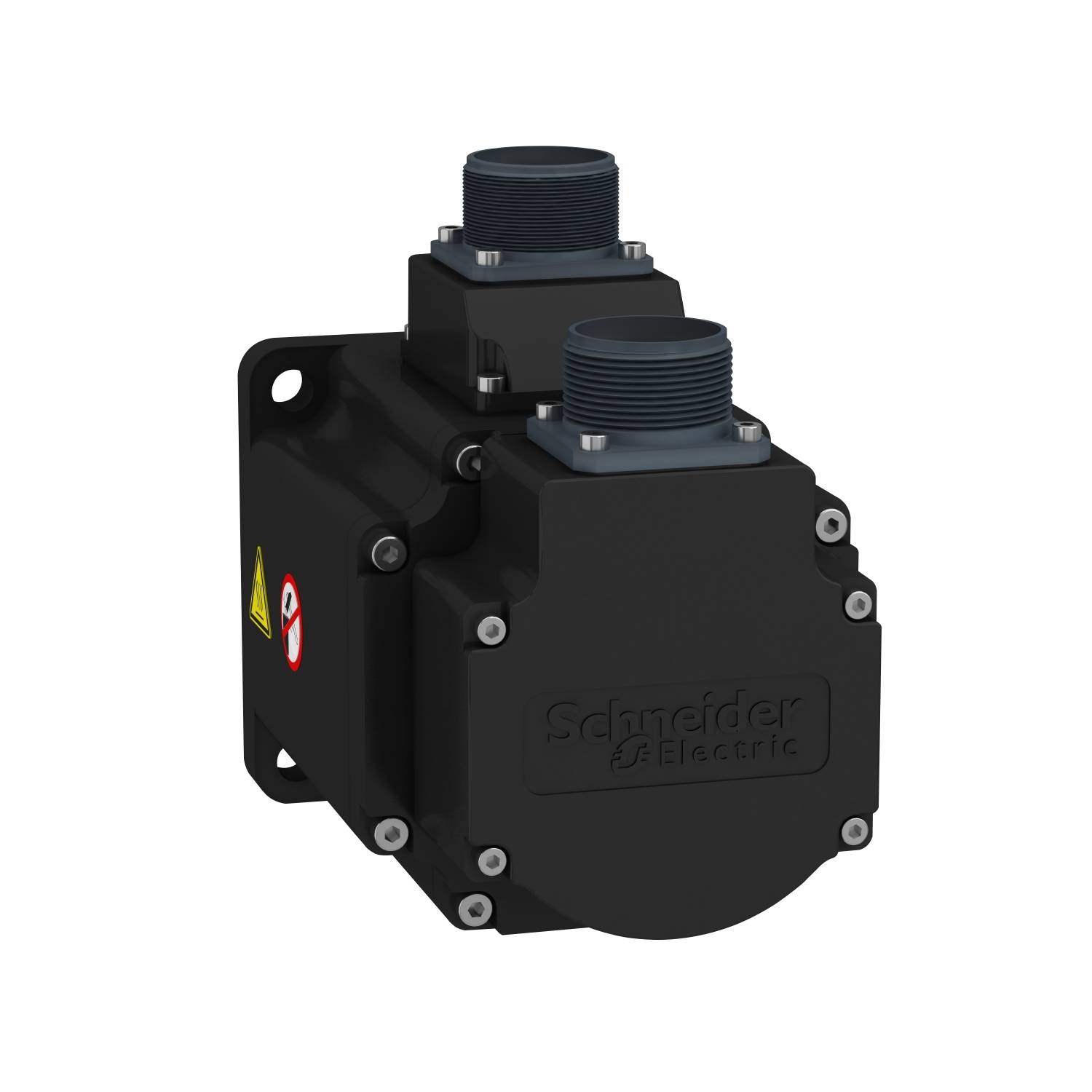 Un robusto involucro elettrico nero di Schneider Electric con due aperture di connessione in alto e simboli di avvertenza di sicurezza sul lato.