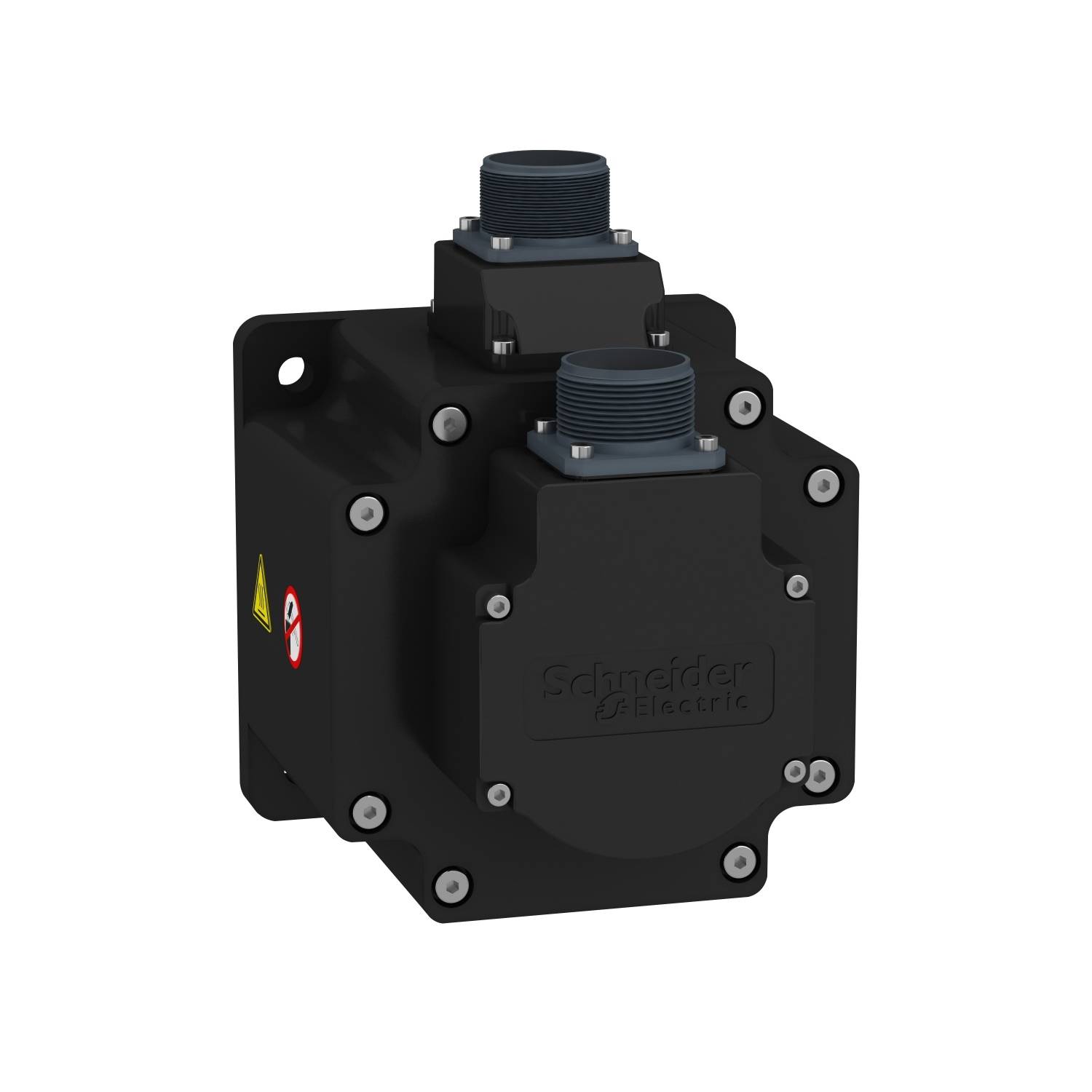 Un dispositivo elettrico nero rettangolare con due attacchi cilindrici in alto, nome del produttore visibile.