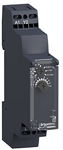 Relè temporizzato nero di Schneider Electric con manopole di regolazione per la regolazione del tempo e delle funzioni, con connessioni dirette e modello equivalente.