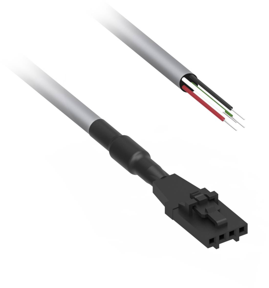 Cavo con spina nera e terminali esposti in rosso, verde e nero. Adatto per collegare dispositivi elettrici.