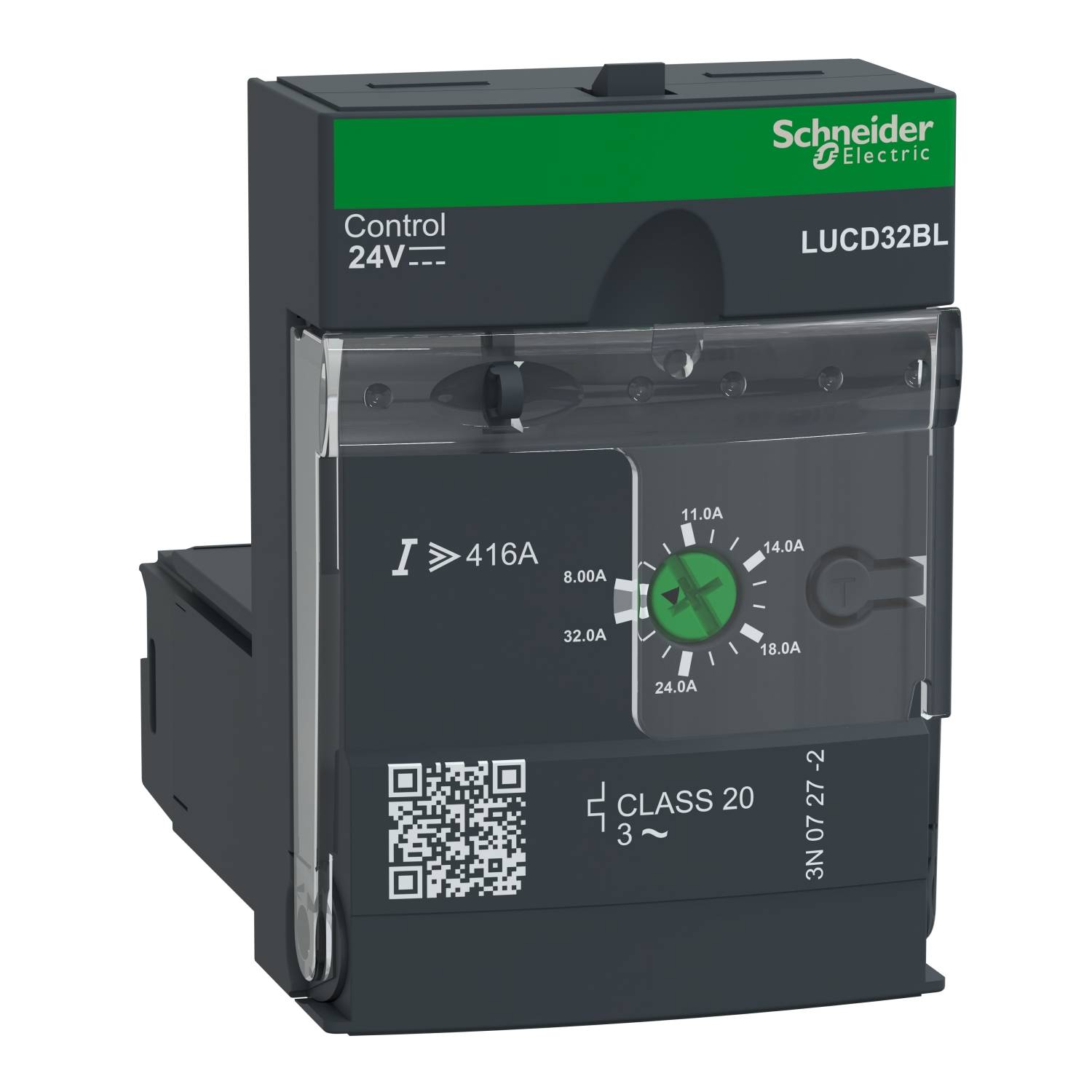 'Schneider Electric Control 24V 416A'; componente elettrico nero e rettangolare con regolatore e codice QR, numero modello LUCD32BL.