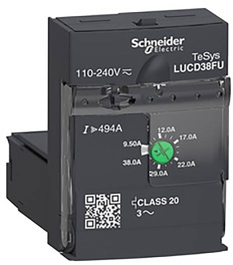 Un dispositivo nero di Schneider Electric, modello 'TeSys LUCD38FU', per funzionamento da 110-240V. Un codice QR e un interruttore rotativo sono visibili.