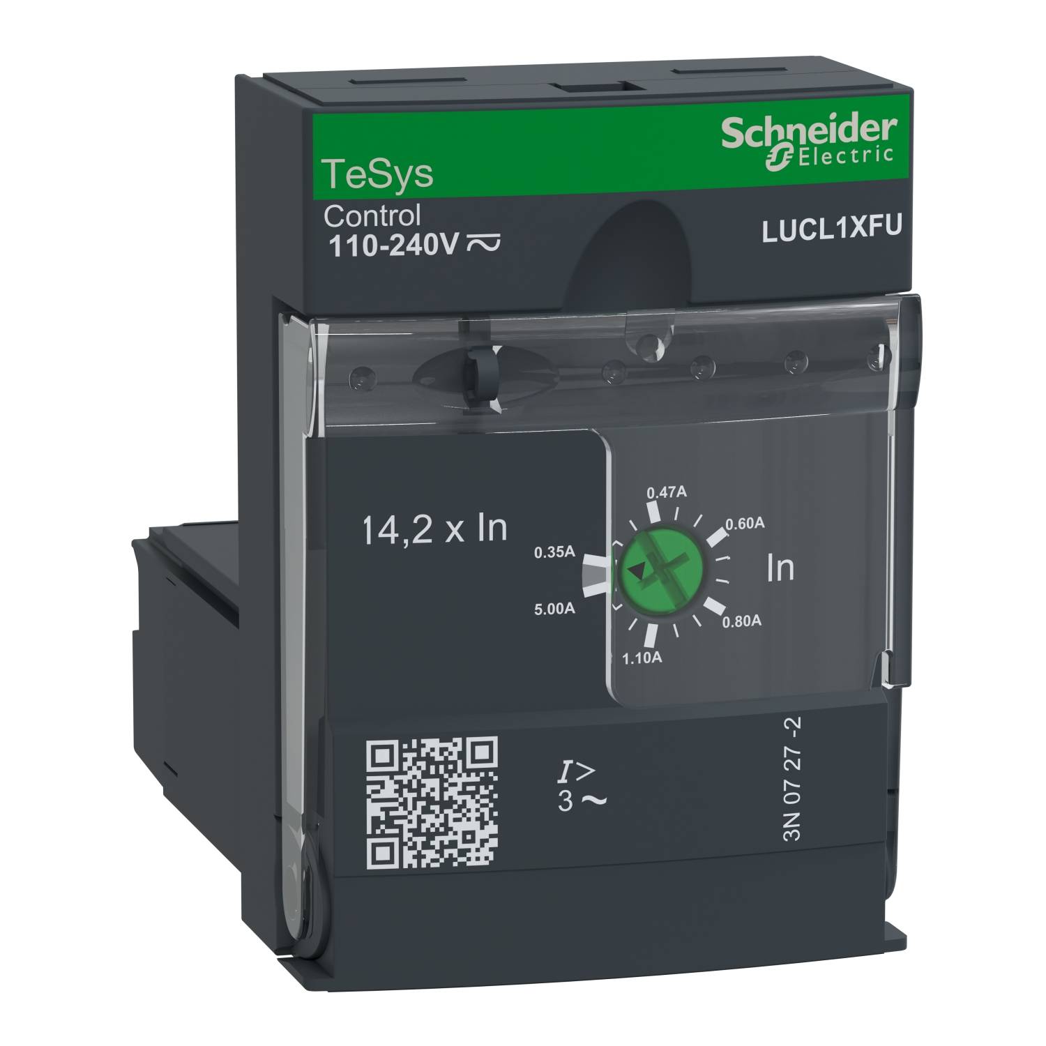 Relè elettrico nero e grigio di Schneider Electric con codice QR, disco di regolazione verde e testo 'TeSys Control 110-240V'.