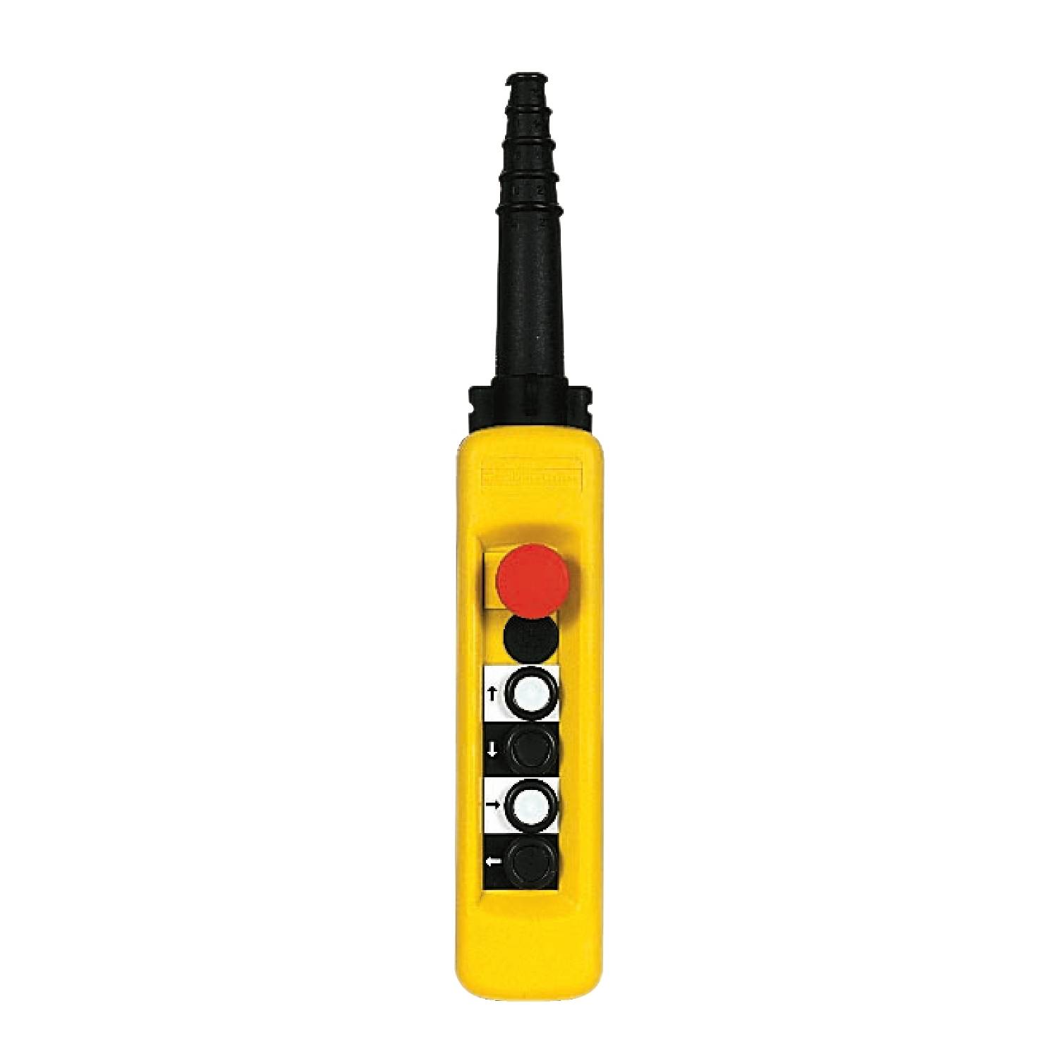 Scatola di controllo gialla con pulsante di emergenza rosso e quattro pulsanti di comando neri, utilizzata per il controllo di macchine o dispositivi.