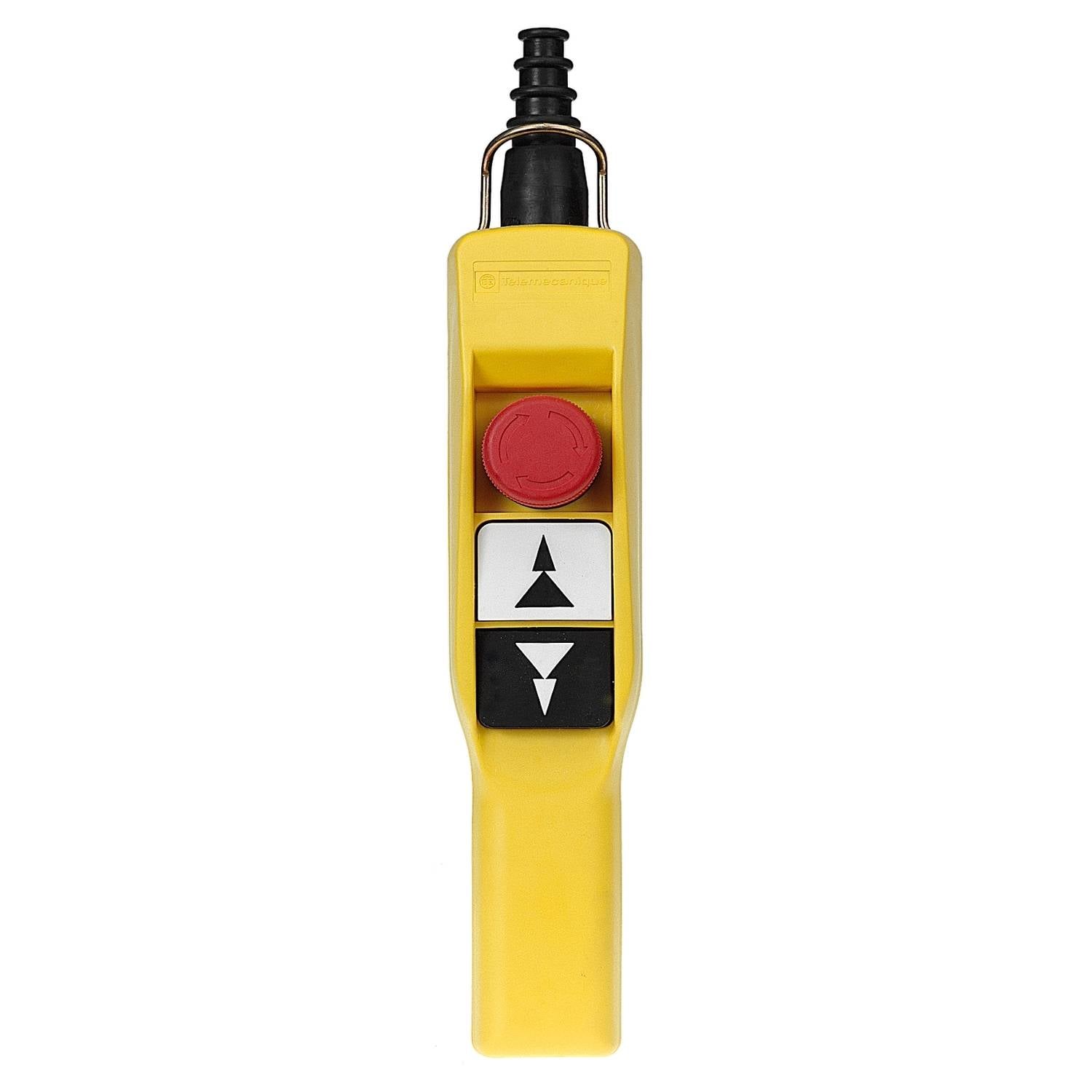 Telecomando giallo con pulsante rosso di emergenza in alto, sotto di esso frecce nere e bianche per lo spostamento verso l'alto e verso il basso.