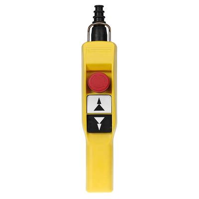 Telecomando giallo con pulsante rosso di emergenza in alto, sotto di esso frecce nere e bianche per lo spostamento verso l'alto e verso il basso.