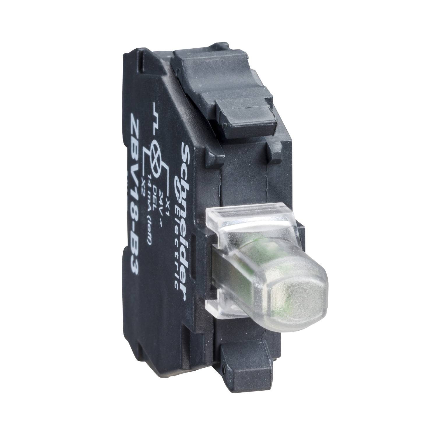 Interruttore elettrico nero e bianco con l'etichetta 'Schneider Electric ZBV6-B3', che mostra un inserto cilindrico verde.