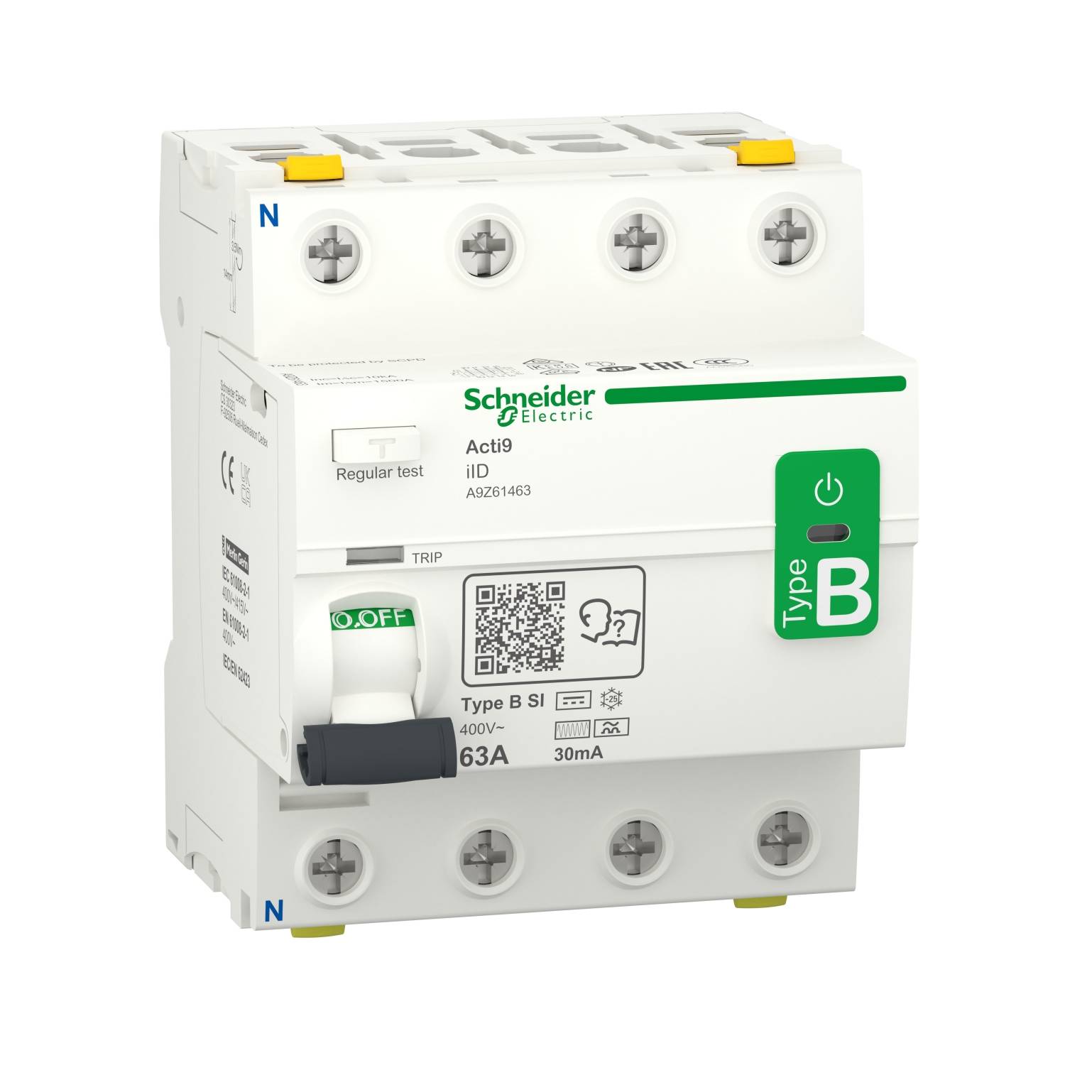 Un interruttore magnetotermico differenziale Schneider Electric, tipo B, 63A, 30mA, con leva verde e codice QR per ulteriori informazioni.