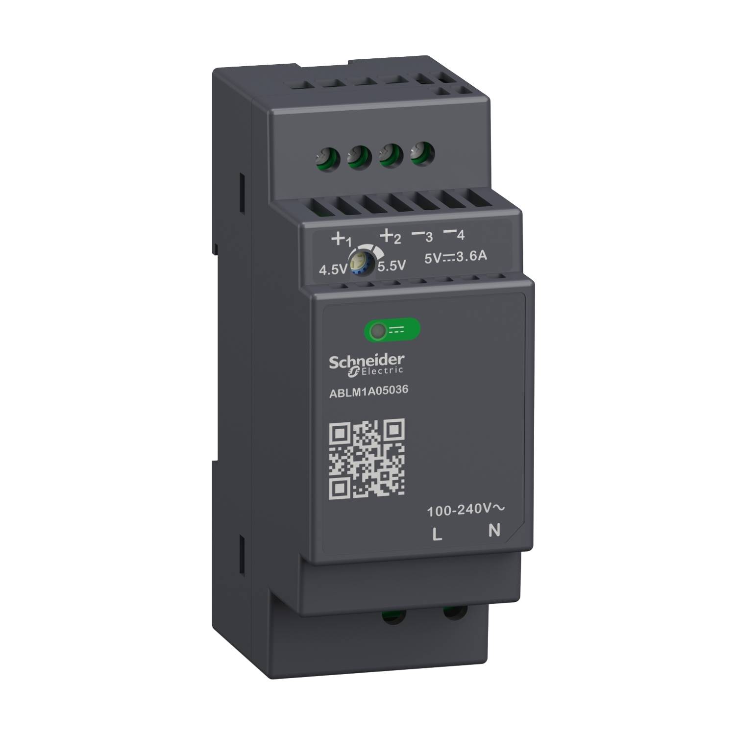 Alimentatore industriale del marchio Schneider Electric, modello ABLM1A06036, per montaggio su guida DIN. Ha un involucro nero.