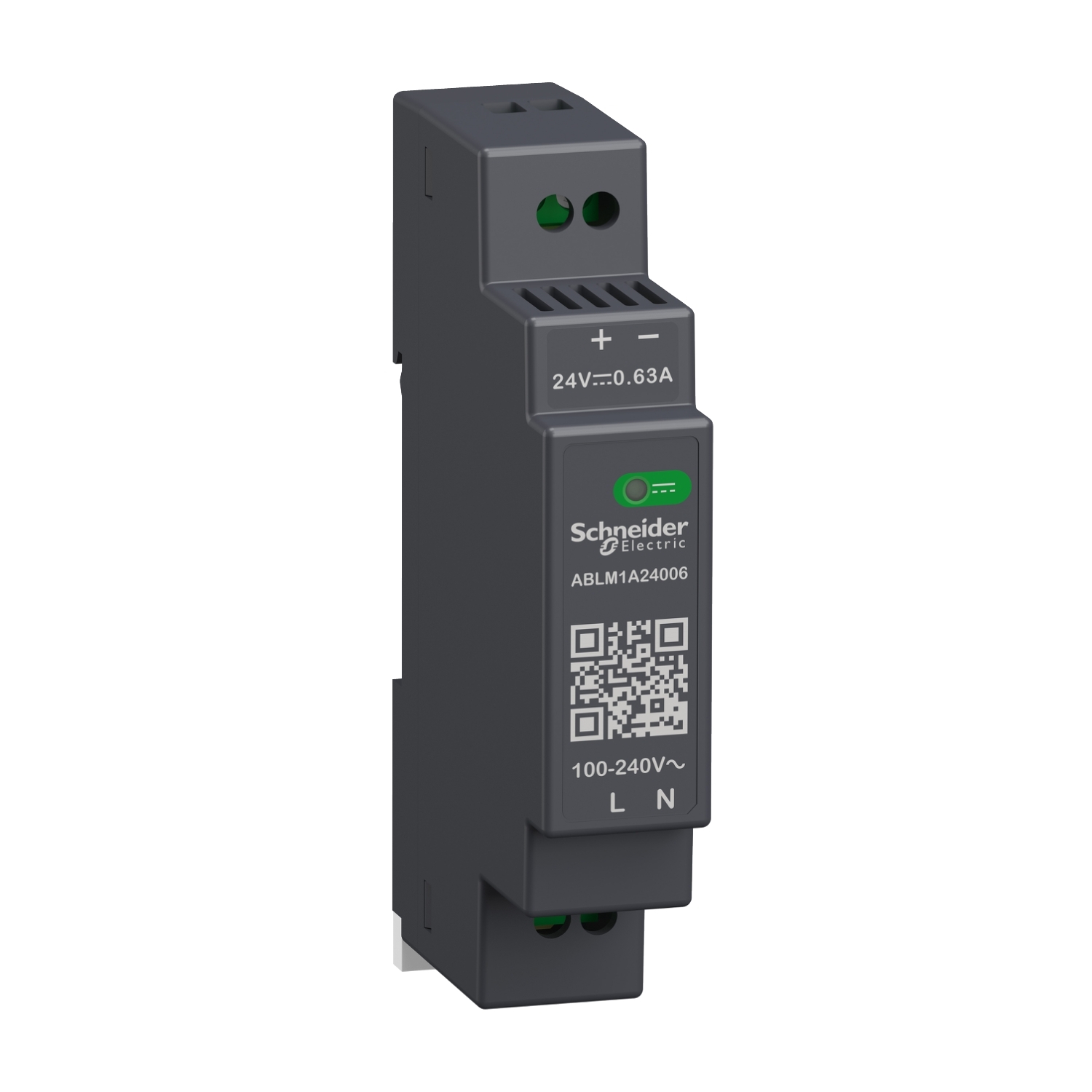 Un alimentatore switching di Schneider Electric denominato ABLM1A24006. Fornisce uscite di tensione a 24V con 0,63A.